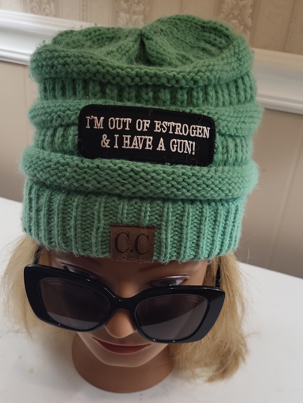 C.C Mint Green Knit Beanie with Patch, OS